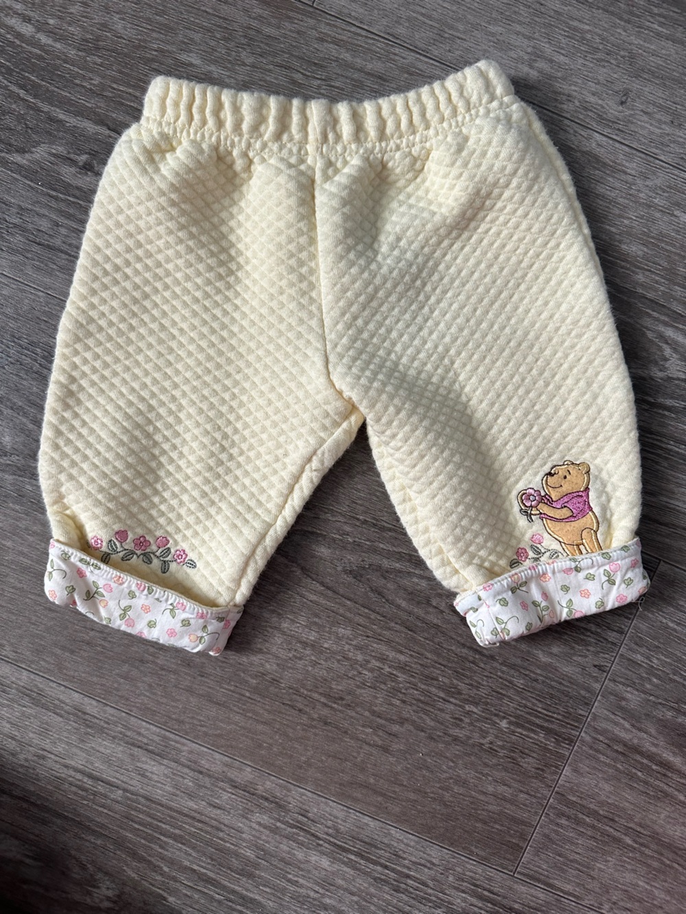 Cream Quilted Baby Pants with Floral Trim and Character Embroidery